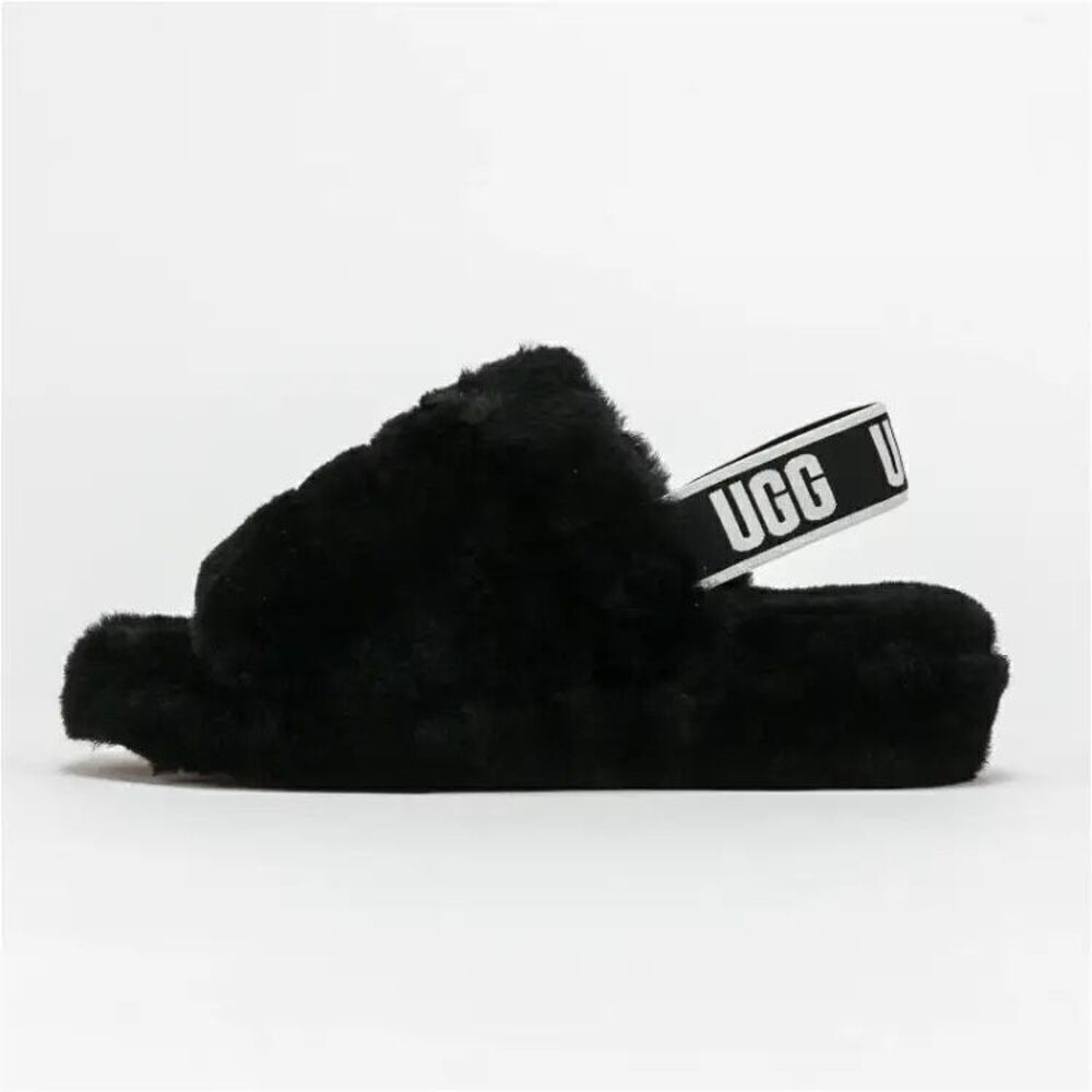 UGG Kid's Black Flat Strap Comfort Slip On Fluff Yeah Slide Sandal Size 6